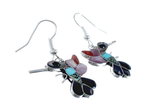 Zuni Hummingbird Sterling Silver Multicolor Hook Dangle Earrings JX126849
